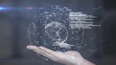 Karanlık arka planda el üstünde bağlantı ve dünya ağının animasyonu. Dijital olarak oluşturulmuş küresel bağlantılar, hesaplama ve veri işleme kavramı.