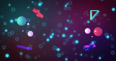Koyu arkaplanda mavi altıgenler üzerinde haç, üçgen ve kürelerin animasyonu. Bağlantı, ağ, veri, işlem ve iletişim, dijital olarak oluşturulmuş video.