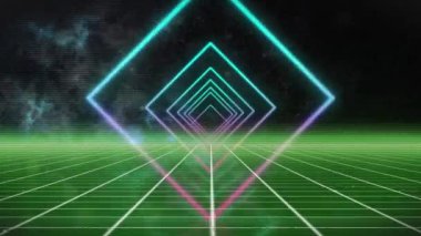 Siyah zemin üzerinde renkli neon karelerin animasyonu. Şekiller, hareket, arkaplan ve dijital arayüz konsepti dijital olarak oluşturulmuş video.