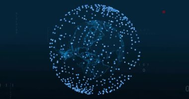 Karanlık arka planda dijital veri işleme animasyonu. Dijital olarak oluşturulmuş küresel bağlantılar, hesaplama ve veri işleme kavramı.