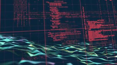 Siyah arkaplanda renkli şekiller üzerinde veri işleme animasyonu. Küresel teknoloji, bilgisayar ve dijital arayüz kavramı dijital olarak oluşturulmuş video.