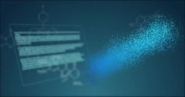 Mavi arka planda DNA ipliği ve kimyasal formülle veri işleme animasyonu. Bilim, kimya, teknoloji, hesaplama ve dijital arayüz kavramı dijital olarak oluşturulmuş video.