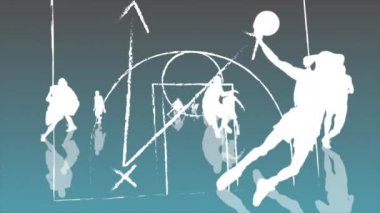 Basketbolcular üzerinde veri işleme taktiklerinin animasyonu. Küresel spor, rekabet, bağlantılar, hesaplama ve veri işleme kavramı dijital olarak oluşturulmuş video.