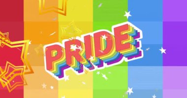 Gökkuşağı arka planında yüzen yıldızların gurur metni üzerindeki animasyonu. Renkler, gurur, kutlama ve dijital arayüz konsepti dijital olarak oluşturulmuş video.