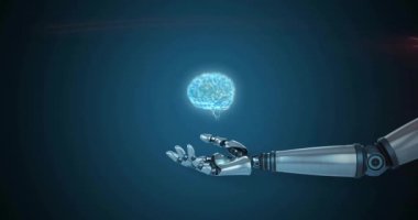 Genişletilmiş robot el ve kol üzerinde koyu arkaplanda parlayan beynin animasyonu. Bağlantı, ağ, ai, dijital arayüz ve iletişim, dijital olarak oluşturulmuş video.
