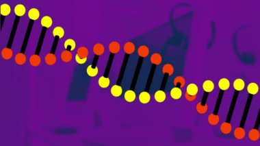 Ofisteki bilgisayarların üzerindeki DNA ipliklerinin animasyonu. Dijital olarak oluşturulmuş küresel araştırma, bağlantılar, hesaplama ve veri işleme kavramı.