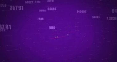 Mor arkaplan üzerinde dijital veri işleme animasyonu. Dijital olarak oluşturulmuş küresel bağlantılar, hesaplama ve veri işleme kavramı.