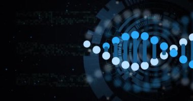 Siyah arka planda dairesel tarayıcı üzerinde dönen DNA iplikçiklerinin animasyonu. Bağlantı, işleme, veri, tıbbi araştırma, dijital arayüz ve iletişim, dijital olarak oluşturulmuş video.