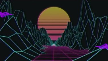 Dijital dağların ve güneşin üzerindeki mor şekillerin animasyonu. Teknoloji, metaevren ve dijital arayüz konsepti dijital olarak oluşturulmuş video.
