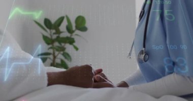 Çeşitli doktor ve hastaların kardiyografisinin animasyonu. Küresel sağlık, tıp, yaşam tarzı ve dijital arayüz kavramı dijital olarak oluşturulmuş video.