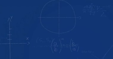 Mavi arkaplanda matematiksel denklemlerin animasyonu. Teknoloji ve dijital arayüz kavramı dijital olarak oluşturuldu.