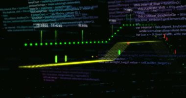 Siyah arkaplanda veri işleme animasyonu. Küresel teknoloji, bilgisayar ve dijital arayüz kavramı dijital olarak oluşturulmuş video.