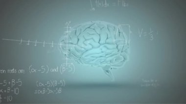 İnsan beyni üzerinde matematiksel veri işleme animasyonu. Dijital olarak oluşturulmuş küresel yapay zeka, bağlantılar, hesaplama ve veri işleme kavramı.