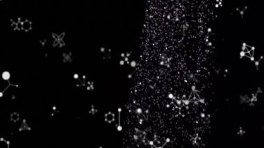 Siyah zemin üzerindeki moleküllerin üzerine su damlalarının canlandırılması. Bilim, kimya ve dijital arayüz kavramı dijital olarak oluşturulmuş video.