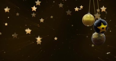 Siyah arka planda hareket eden altın yıldızların üzerinde siyah ve altın renginde sallanan bir Noel. Noel, dekorasyon, gelenek ve dijital olarak üretilen video kutlaması.