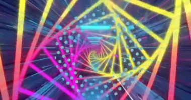 Siyah arka plandaki ışık yollarının üzerindeki renkli şekillerin animasyonu. Şekiller, hareket, arkaplan ve dijital arayüz konsepti dijital olarak oluşturulmuş video.