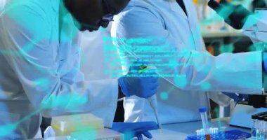 Veri işleme ve kimyasal formülün değişik bilim adamlarının deney yapmaları üzerine animasyonu. Bilim ve dijital arayüz kavramı dijital olarak oluşturulmuş video.