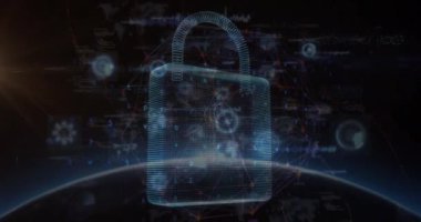 Asma kilit animasyonu, dijital veri işleme ve karanlık arkaplan üzerinde küre. Küresel siber güvenlik, bağlantılar, hesaplama ve veri işleme kavramı dijital olarak oluşturuldu.