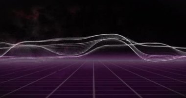 Canlandırılmış dalga formları ve şebeke çizgileri koyu arkaplan üzerinde. Müzik, ses, teknoloji, dijital, elektronik, ses