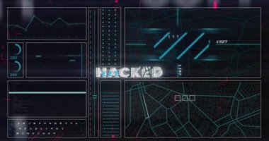 Siyah arka planda hacklenmiş metin ve veri işleme animasyonları. Küresel teknoloji, bilgisayar, çevrimiçi güvenlik ve dijital arayüz kavramı dijital olarak oluşturulmuş video.