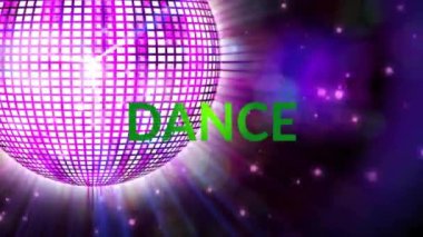 Işık noktaları ve disko topu üzerinde dans metninin animasyonu. Müzik, parti ve dijital arayüz kavramı dijital olarak oluşturuldu.