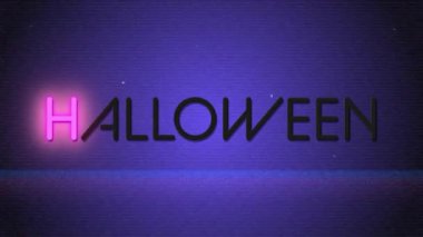 Yarasalar ve yıldızların üzerindeki neon cadılar bayramı metninin animasyonu. Cadılar Bayramı ve dijital arayüz konsepti dijital olarak oluşturulmuş video.