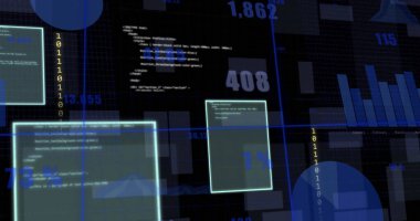 Siyah arkaplandaki grafik ve veri arayüzü ekranlarının resmi. Ağ, veri, dijital arayüz ve küresel iletişim, dijital olarak oluşturulmuş resim.