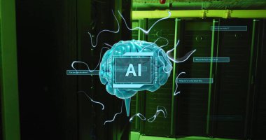 Image of ai text, brain and data processing over computer servers. Global artificial intelligence, connections, computing and data processing concept digitally generated image. clipart