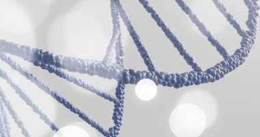 DNA ipliği ve gri arkaplanda ışık lekeleri. Küresel bilim, araştırma, tıp ve veri işleme kavramı dijital olarak oluşturulmuş görüntü.