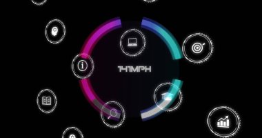 Siyah arkaplanda tarama kapsamı üzerinde dijital simgeler ve veri işleme resmi. Dijital olarak oluşturulmuş küresel bağlantılar, hesaplama ve veri işleme kavramı.