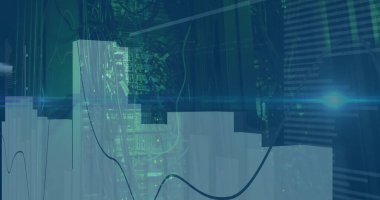 Sunucu odasının üzerinde ışık izi olan finansal veri işleme resmi. Küresel teknoloji, finans, hesaplama ve dijital arayüz kavramı dijital olarak oluşturuldu.