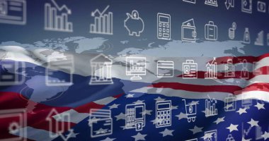 İş ve finans simgeleri Amerikan bayrağı ve dünya haritası üzerinde resim oluşturuyor. ekonomi, küresel, yatırım, ABD, semboller, büyüme