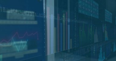 Sunucu odasındaki finansal veri işleme resmi. Küresel teknoloji, finans, hesaplama ve dijital arayüz kavramı dijital olarak oluşturuldu.