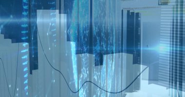 Sunucu odasındaki finansal veri işleme resmi. Küresel teknoloji, finans, hesaplama ve dijital arayüz kavramı dijital olarak oluşturuldu.