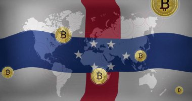 Dünya haritası ve Hollanda Antilleri bayrağı üzerinde Bitcoin sembolleri. Kripto para birimi, engelleme zinciri, finans, küresel, dijital para birimi, ekonomi