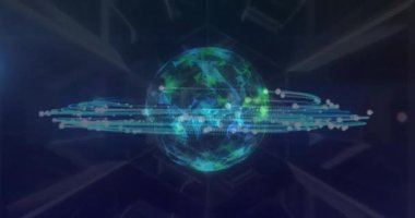 Karanlık arka planda dünya üzerindeki bağlantı ağının animasyonu. Dijital olarak oluşturulmuş küresel bağlantılar, hesaplama ve veri işleme kavramı.