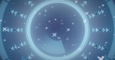 Mavi arkaplan üzerinde tarama ve dijital veri işleme animasyonu. Dijital olarak oluşturulmuş küresel bağlantılar, hesaplama ve veri işleme kavramı.