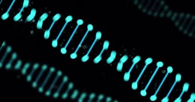 Siyah arka planda ışık lekeleri olan DNA iplikçiklerinin animasyonu. Bilim, kimya, teknoloji, hesaplama ve dijital arayüz kavramı dijital olarak oluşturulmuş video.