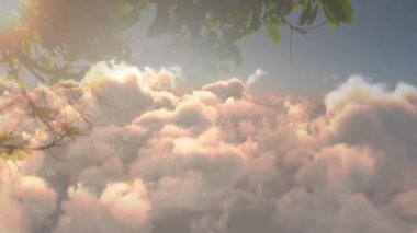 Mavi gökyüzü ve bulutların sahilde öpüşen melez çiftin üzerindeki görüntüsü. Yaşam tarzı, doğa ve dijital arayüz konsepti dijital olarak oluşturulmuş video.