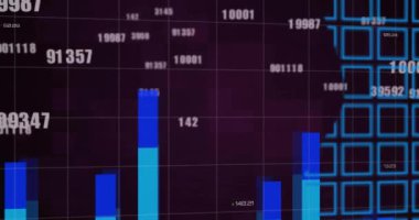 Dünya haritası üzerinde dijital veri işleme animasyonu. Dijital olarak oluşturulmuş küresel bağlantılar, hesaplama ve veri işleme kavramı.