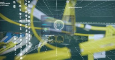 Kapsam ve dijital veri işleme animasyonları karanlık arka planda. Küresel finans, iş, bağlantılar, hesaplama ve veri işleme kavramı dijital olarak oluşturulmuş video.