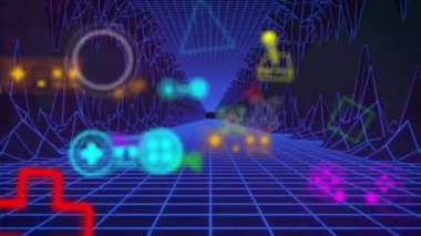 Mavi dijital tünel üzerinde oyun simgelerinin canlandırılması. Oyun, şekiller ve dijital arayüz konsepti dijital olarak oluşturulmuş video.