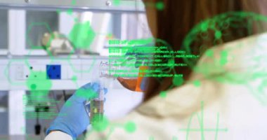 Kimyasal formülün animasyonu ve beyaz kadın bilim adamının deney yapması üzerine veri işleme. Küresel bilim ve dijital arayüz kavramı dijital olarak oluşturulmuş video.