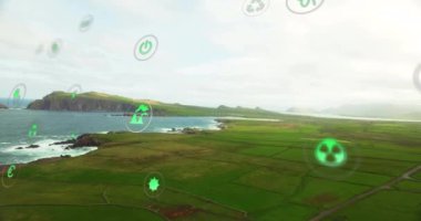 Deniz manzarası üzerindeki ekolojik simge ağının animasyonu. Küresel çevre, bağlantılar, hesaplama ve veri işleme kavramı dijital olarak oluşturulmuş video.