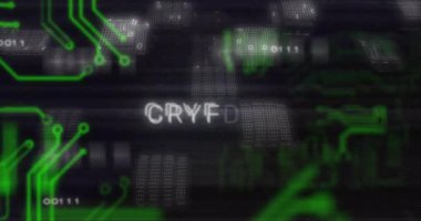 Şifreli metin üzerinden veri işleme ve bağlantıların animasyonu. Teknoloji ve dijital arayüz kavramı dijital olarak oluşturuldu.