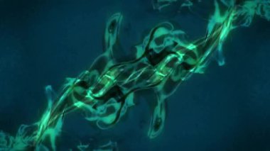 Mavi arka planda hareket eden yeşil şekillerin animasyonu. Teknoloji, soyutlama ve dijital arayüz kavramı dijital olarak oluşturulmuş video.