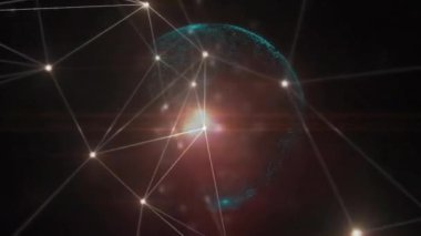 Siyah arkaplandaki ışık noktaları ve küre animasyonları. Küresel teknoloji ve dijital arayüz konsepti dijital olarak oluşturulmuş video.