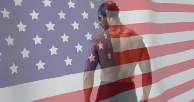 Amerikan bayrağının, çift ırklı erkek yüzücü üzerinden canlandırılması. Vatanseverlik, spor, rekabet ve aktif yaşam tarzı konsepti dijital olarak oluşturulmuş video.