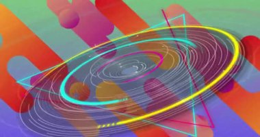 Siyah arkaplanda renkli dairelerin ve şekillerin canlandırılması. Şekiller, hareket, arkaplan ve dijital arayüz konsepti dijital olarak oluşturulmuş video.