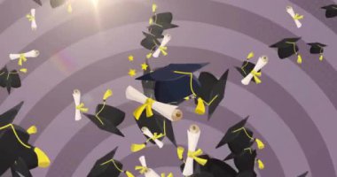 Mezuniyet şapkası ve diplomasının gri halkalar üzerindeki animasyonu. Küresel eğitim ve dijital arayüz kavramı dijital olarak oluşturulmuş video.